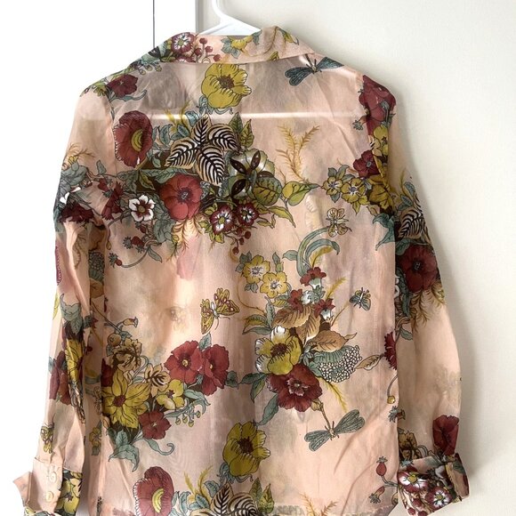 Vintage 70s Sheer Chiffon Blouse Floral Size 10 "Teddi of California" Shirt - Picture 13 of 13